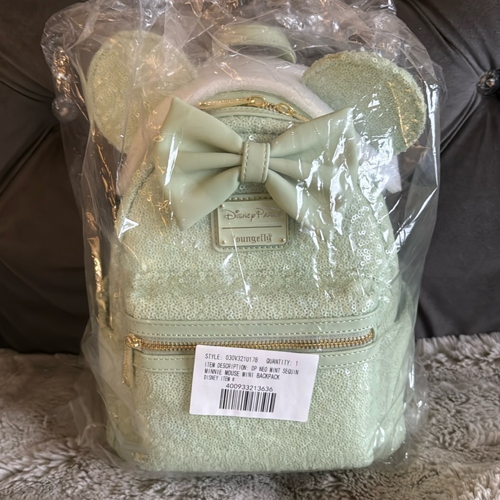 Loungefly Disney Minnie Mouse Mint Green Sequined Mini Backpack NWT